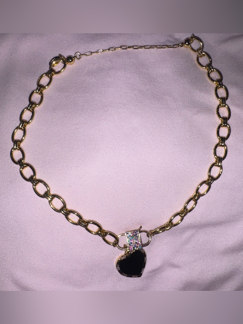 By Alexa Rae BAR Melania Clara Gold Chain Necklace Black Heart Pave Lock Pendant